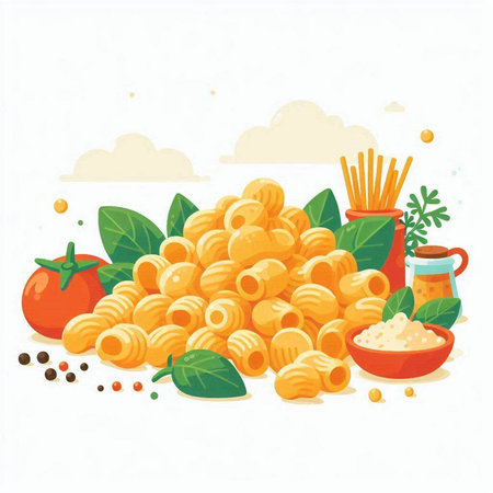 Italian pasta with ingredients for cooking. Vector illustration on white background.のイラスト素材