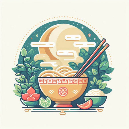 Noodles in a bowl with chopsticks. Vector illustration.のイラスト素材