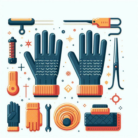 Vector set of hand tools in flat style. Gloves, screwdriver, wrench, screwdriver.のイラスト素材