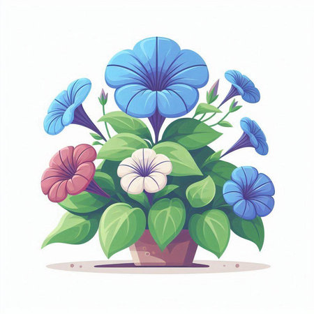 Flowerpot with blue and pink petunia flowers. Vector illustration.のイラスト素材
