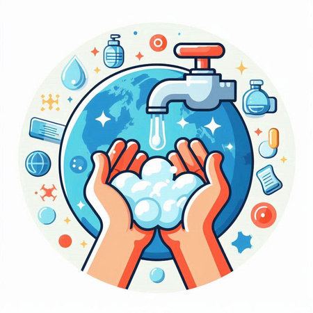 Washing hands with soap and water. Hygiene concept. Vector illustration.のイラスト素材