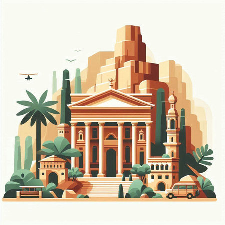 Ancient temple in the desert. Vector illustration in a flat style.のイラスト素材