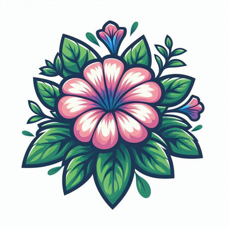 Illustration of a pink flower with green leaves on a white backgroundのイラスト素材