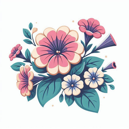 Flower bouquet with pink and blue flowers. Vector illustration.のイラスト素材