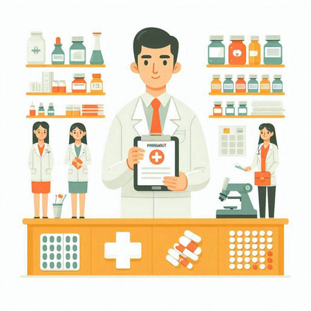 Pharmacist in the pharmacy. Vector illustration in flat style.のイラスト素材