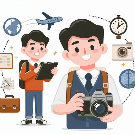 Young man and photographer with camera and digital tablet. Vector illustration.のイラスト素材