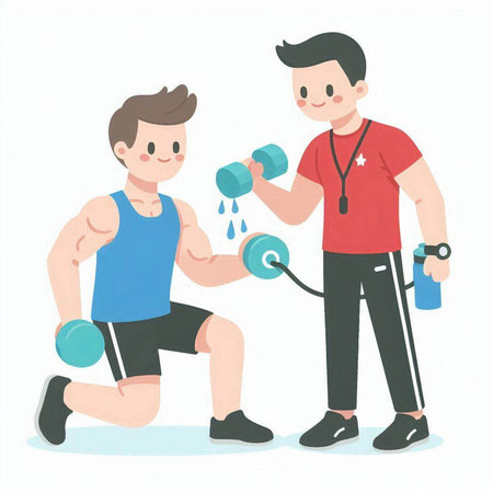 Man and boy doing exercise with dumbbells. Vector illustration.のイラスト素材