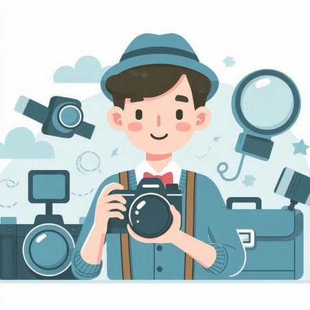 Illustration of a man taking a photo with a camera and a cameraのイラスト素材