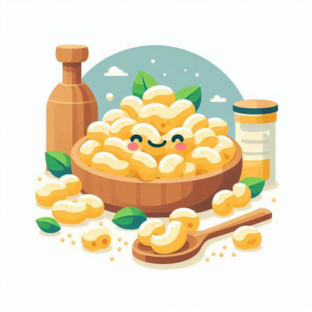 Cute cartoon macaroni in a wooden bowl. Vector illustration.のイラスト素材