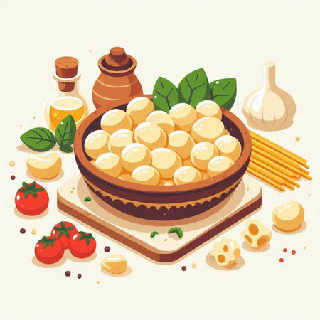 Mozzarella cheese in a bowl and ingredients for it. Vector illustration.のイラスト素材