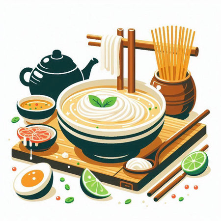 Ramen soup in bowl with chopsticks and ingredients. Vector illustration.のイラスト素材