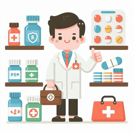 Illustration of a male pharmacist standing in front of a shelves full of medicines.のイラスト素材