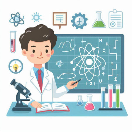 Scientist at the laboratory. Science and education. Vector illustration.のイラスト素材