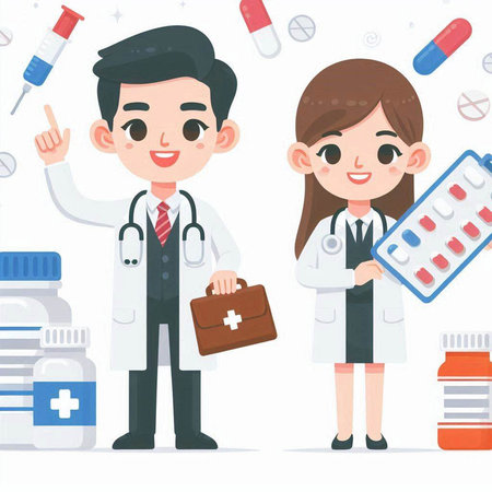 Male and female doctor with various medicine. Vector illustration in cartoon style.のイラスト素材