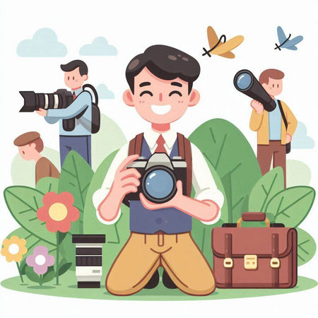 Photographer and photographer with camera and equipment. Vector illustration in cartoon styleのイラスト素材