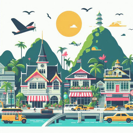 Travel and tourism concept with cityscape of Thailand. Vector illustration.のイラスト素材
