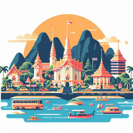 Thailand travel background. Landmarks of Thailand. Vector illustration.のイラスト素材