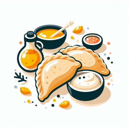Illustration of empanadas with sauces and sauce. Vector illustrationのイラスト素材