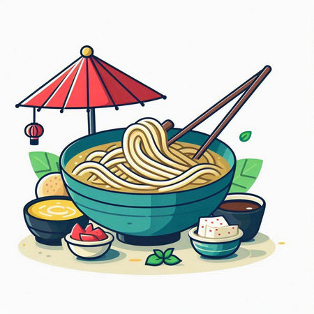 Illustration of udon noodles in bowl with chopsticks and sushiのイラスト素材