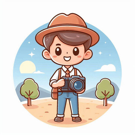 Boy holding camera in the park. Cute cartoon vector illustration.のイラスト素材