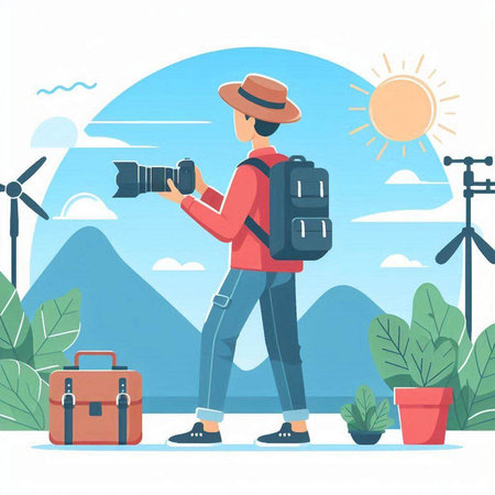 Photographer with camera and backpack. Vector illustration in flat style.のイラスト素材