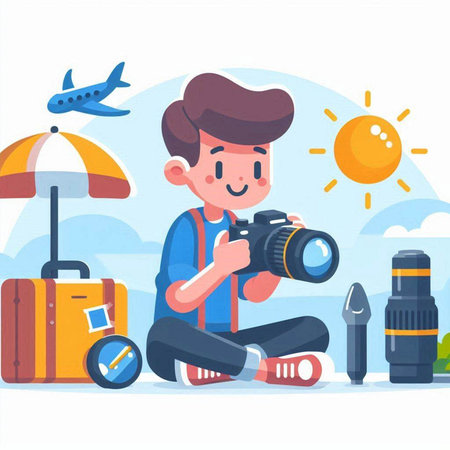 Photographer with camera and equipment. Vector illustration in a flat styleのイラスト素材