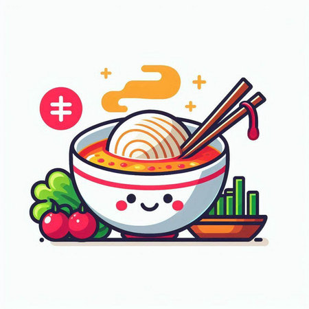 Kawaii Asian noodles in bowl with chopsticks. Vector illustration.のイラスト素材