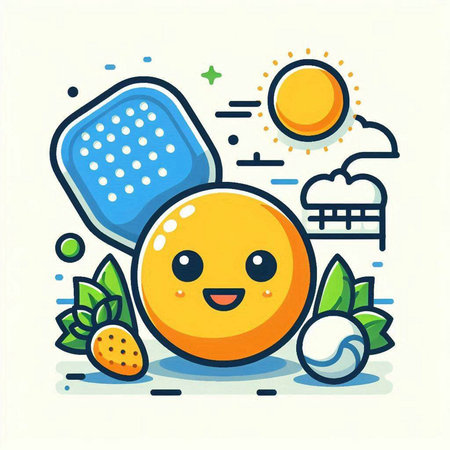 Cute kawaii orange fruit character with sun and clouds, vector illustrationのイラスト素材