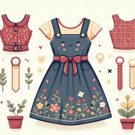 Vector illustration of a cute girl's dress with flowers and accessories.のイラスト素材