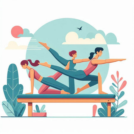 Couple yoga on a bench in the park. Vector illustration.のイラスト素材