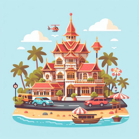 Vector illustration of Thai temple on the beach in flat style design.のイラスト素材