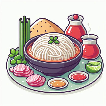 Illustration of a bowl of rice noodle on a white backgroundのイラスト素材