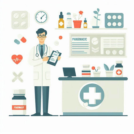 Doctor at the reception desk with medical items. Flat style vector illustration.のイラスト素材