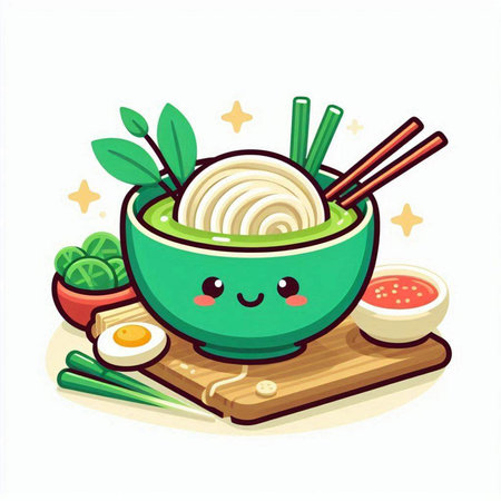 Cartoon illustration of bowl of rice noodle soup with chopsticksのイラスト素材