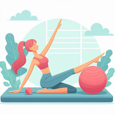 Woman doing yoga exercise on mat. Healthy lifestyle. Vector illustration.のイラスト素材
