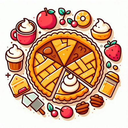 Piece of apple pie in circle with whipped cream and fruits, vector illustrationのイラスト素材