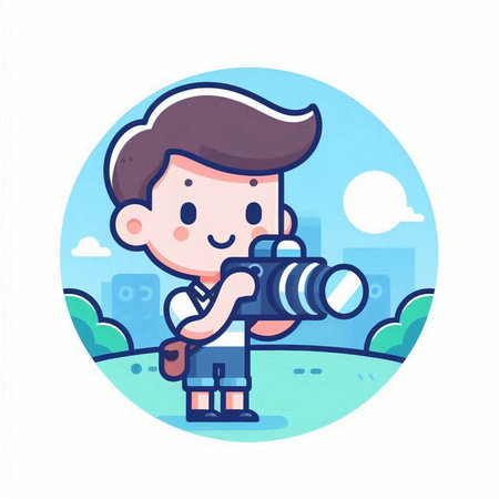 Boy taking picture with a camera. Vector illustration in cartoon style.のイラスト素材