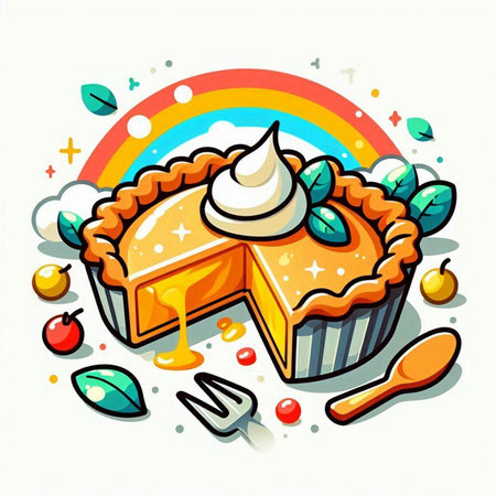 Illustration of a pie with whipped cream and fruits on a colorful backgroundのイラスト素材