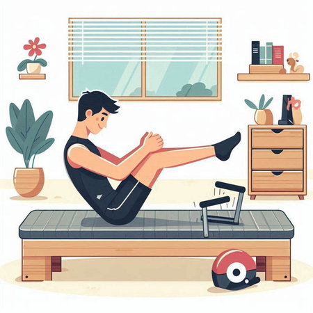Man doing leg stretching exercises at home. Vector illustration in cartoon styleのイラスト素材