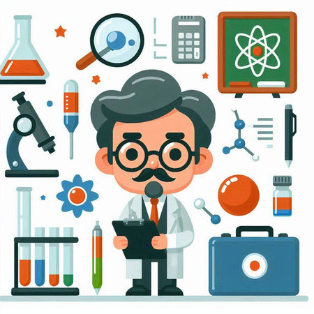Scientist with a tablet in the laboratory. Vector flat illustration.のイラスト素材