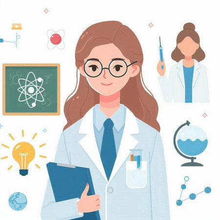 Scientist girl. Vector illustration of a female scientist in a laboratory.のイラスト素材