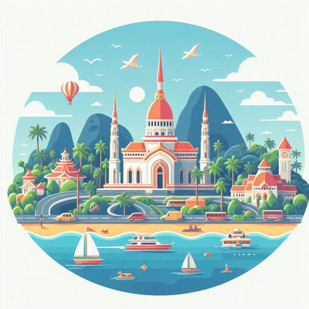 Tropical island in flat style. Vector illustration for travel and tourism.のイラスト素材