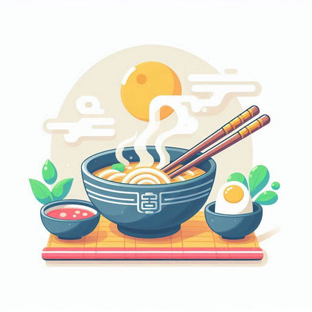 Illustration of japanese ramen noodle in bowl with chopsticksのイラスト素材