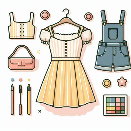 Clothing and accessories set. Vector illustration in line art style.のイラスト素材