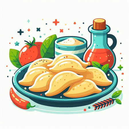 Vector illustration of fried dumplings on plate with sauce and tomato.のイラスト素材