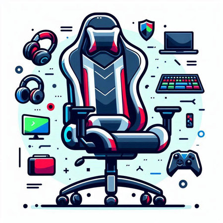 Vector illustration in trendy linear style - office chair, computer, gamepad, gamepad, mouse, joystick.のイラスト素材