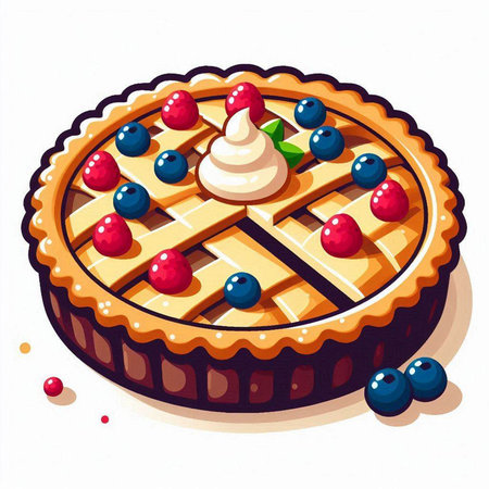 Illustration of a pie with berries and whipped cream on a white backgroundのイラスト素材