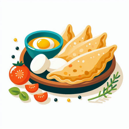 Pancakes with eggs, tomatoes and herbs. Vector illustration.のイラスト素材
