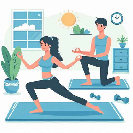 Couple practicing yoga at home. Man and woman in sportswear doing exercise on mat. Vector illustration.のイラスト素材