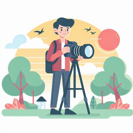 Photographer with camera on tripod. Vector illustration in flat style.のイラスト素材